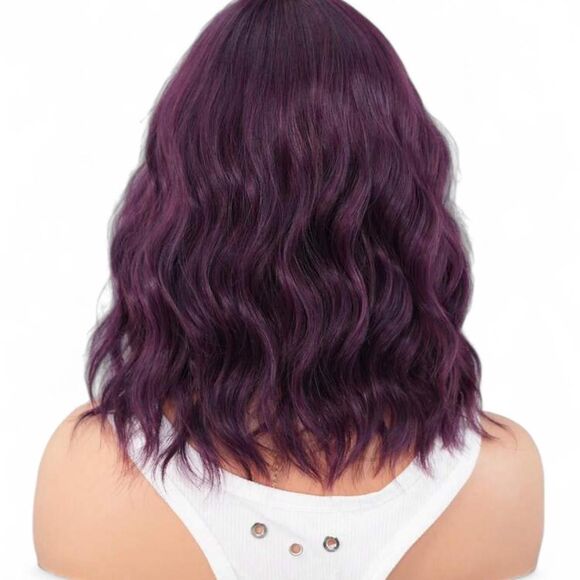 Wavy Purple Shoulder-Length Wig w/ Bangs - Picture 2 of 5